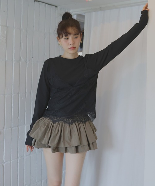 Mili affinity(ミリアフィニティー)の「レースドッキングTシャツ(Tシャツ/カットソー・レディース・杢グレー/オフホワイト/ブラック・FREE)」の16枚目の写真