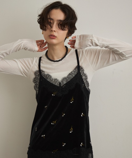 Trish（トリッシュ）の「ベロア花刺繍レースヘムキャミソール（キャミソール・レディース・ブラウン/ブラック・FREE）」の6枚目の写真