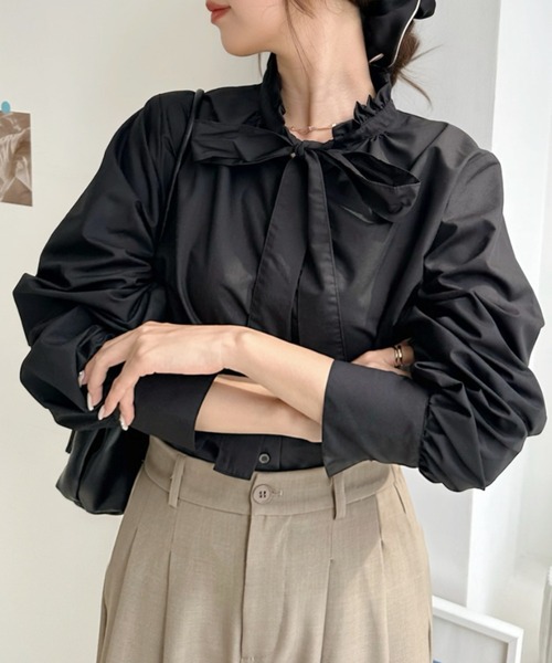Eclat one（エクラワン）の「【オンオフ使える/1枚で華やか】上品クラシカル。ボウタイフリルネック長袖ブラウス（シャツ/ブラウス・レディース・ホワイト/ライトブルー/ブラック・FREE）」の9枚目の写真