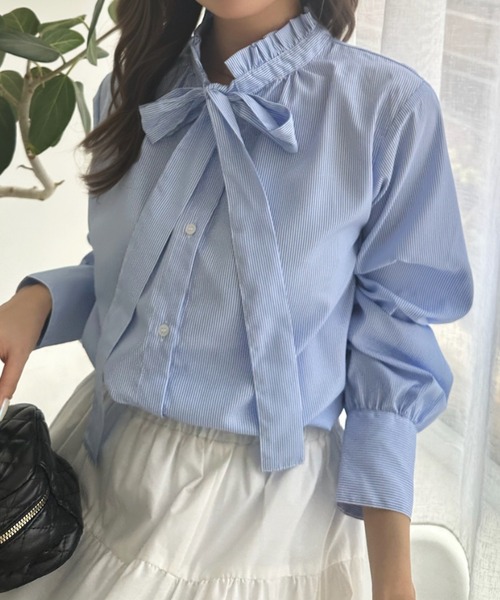 Eclat one（エクラワン）の「【オンオフ使える/1枚で華やか】上品クラシカル。ボウタイフリルネック長袖ブラウス（シャツ/ブラウス・レディース・ホワイト/ライトブルー/ブラック・FREE）」の20枚目の写真