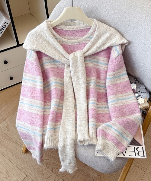 AMAJI(アマジ)の「スカーフ付き ストライプ柄 ニットトップス(ニット/セーター・レディース・ブラウン/ブルー/ライトピンク・FREE)」の3枚目の写真