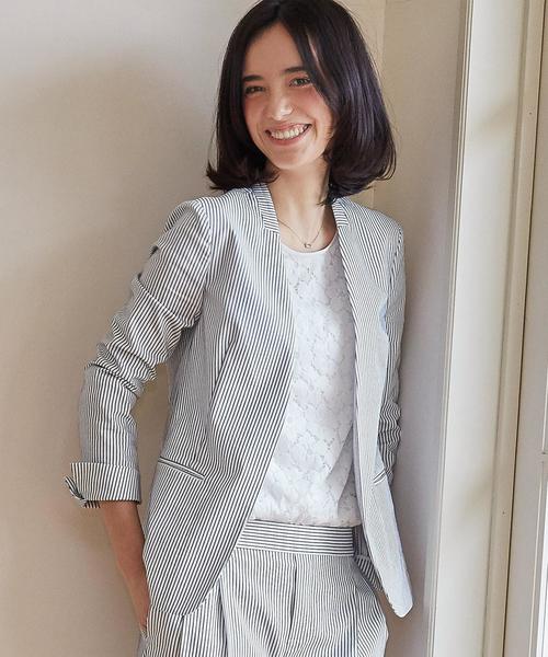 green label relaxing(グリーンレーベルリラクシング)の「CR C/T コードレーンジャケット -O/P(ノーカラージャケット・レディース・オフホワイト/ライトグレー/ネイビー・36/38/40)」の1枚目の写真