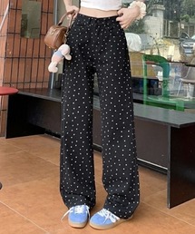小花柄ハイウエストワイドデニムパンツ