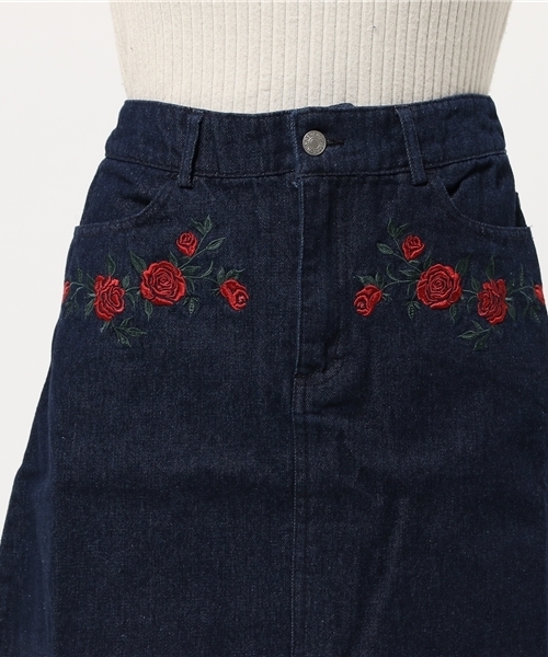 SpRay（スプレイ）の「バラ刺繍デニムミニスカート（デニムスカート