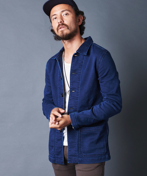 Magine(マージン)の「KNIT DENIM COVER ALL JACKET:ニットデニムカバーオールジャケット(カバーオール)」|インディゴブルー