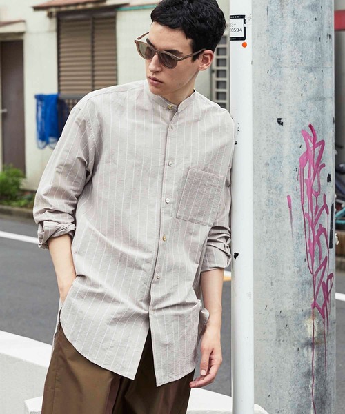 MAISON SPECIAL ブラウンストライプ 長袖シャツ 02 MAISON SPECIAL ブラウス シャツ Striped Zip Shirt/ストライプ