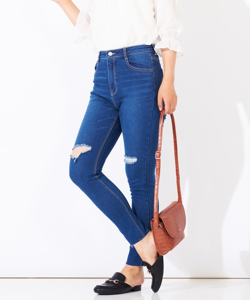 WEGO(ウィゴー)の「WEGO/デイリーハイウエストスラッシュスキニーパンツ(デニムパンツ・レディース・インディゴブルー/ダークインディゴブルー/ブラック・SMALL/LARGE/MEDIUM)」の1枚目の写真