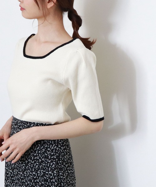 archives（アルシーヴ）の「スクエアーネックタックスリーブ５分袖プルオーバー（ニット/セーター・レディース・ブラック/ミント/ベージュ/オフホワイト/ホワイト・MEDIUM）」の2枚目の写真