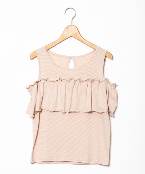 AS KNOW AS PINKY（アズノゥアズピンキー）の「ボーダーひらひらタンクトップ（タンクトップ・レディース・ブラック/ベージュ/レッド・FREE）」の2枚目の写真