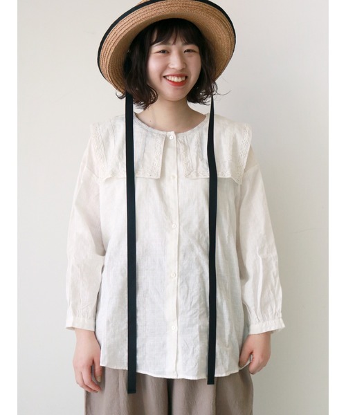 Samansa Mos2(サマンサ モスモス)の「ドビーレースセーラーブラウス(シャツ/ブラウス・レディース・ブラック/オフホワイト/ミント・フリ-)」の2枚目の写真