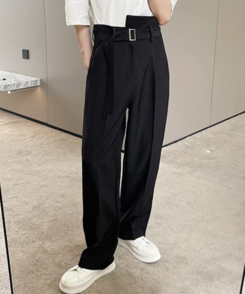 KOR（ケーオーアール）の「ベルト付き アシンメトリーウエスト センタープレススラックス（スラックス・メンズ・ブラック/ブラウン・M/L/XL）」の14枚目の写真