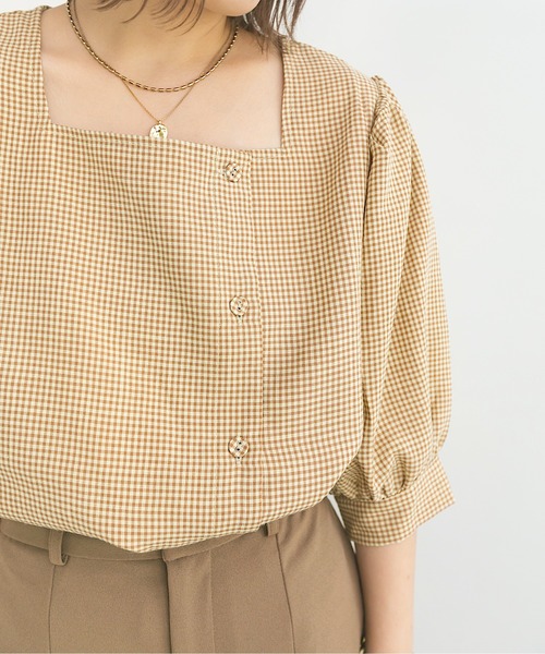 nemne store(ネンネストア)の「シャーベットを作るアシメボタンブラウス(シャツ/ブラウス・レディース・ブラウン/オフホワイト/グリーン・フリー)」の7枚目の写真