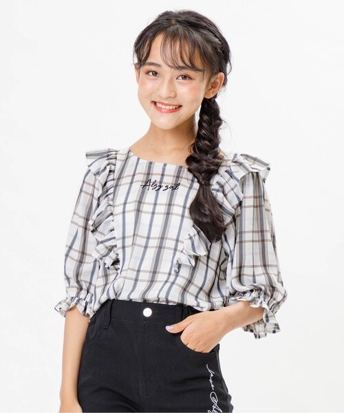 algy（アルジー）の「/チェック半袖ブラウス（シャツ/ブラウス・キッズ・オフホワイト/ミント/ブラウン・XX-SMALL/SMALL/MEDIUM/X-SMALL）」の2枚目の写真