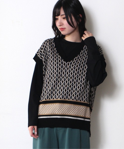 one way（ワンウェイ）の「【oneway】ジャガードオーバーニット（ベスト・レディース・ブラック/ライトグリーン/ライトブラウン・FREE）」の2枚目の写真