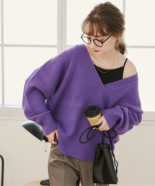 美品 HIROMI TSUYOSHI ヒロミツヨシ Vネック クロップド ニット トップス 半袖 コットン 0 紫 パープル マルチカラー レディース 古着 中古 USED 半袖 タイトニット トップス Vネック ニット リブ リブニット セクシー