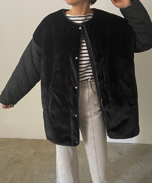 210nouve（トゥージュヌーブ）の「エコファー×中綿ダイヤキルトミドルコート（ノーカラージャケット・レディース・ベージュ/ブラック/ブラウン・FREE）」の2枚目の写真