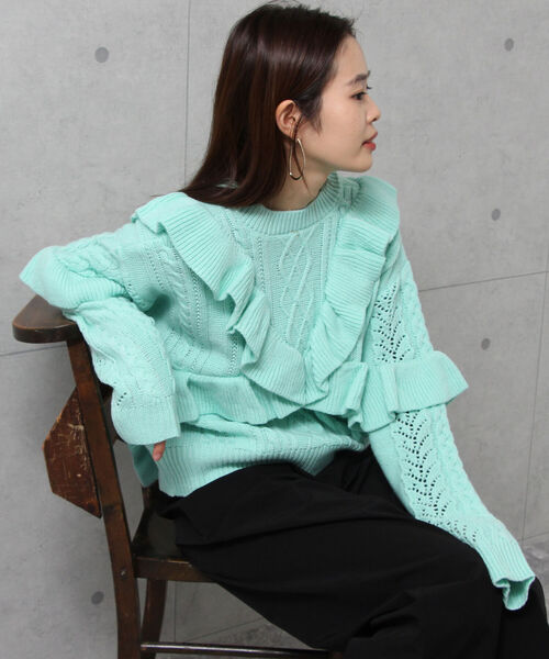 fredy emue（フレディエミュ）の「ラッフルフリル柄編みカーディガン（カーディガン/ボレロ・レディース・ブラック/アイボリー/ミント・38）」の15枚目の写真