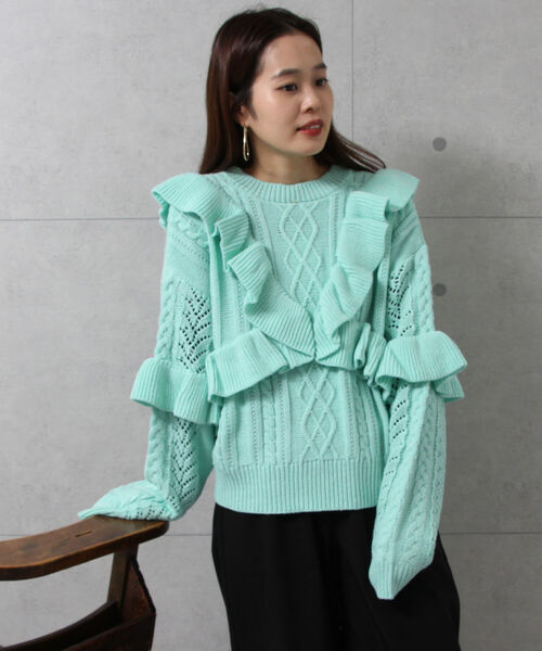 fredy emue（フレディエミュ）の「ラッフルフリル柄編みカーディガン（カーディガン/ボレロ・レディース・ブラック/アイボリー/ミント・38）」の16枚目の写真