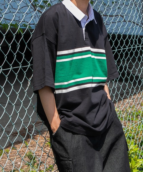 kutir（クティール）の「ボーダーラガービッグシャツ（ポロシャツ・メンズ・ネイビー/ブラック/グリーン・MEDIUM/LARGE）」の2枚目の写真