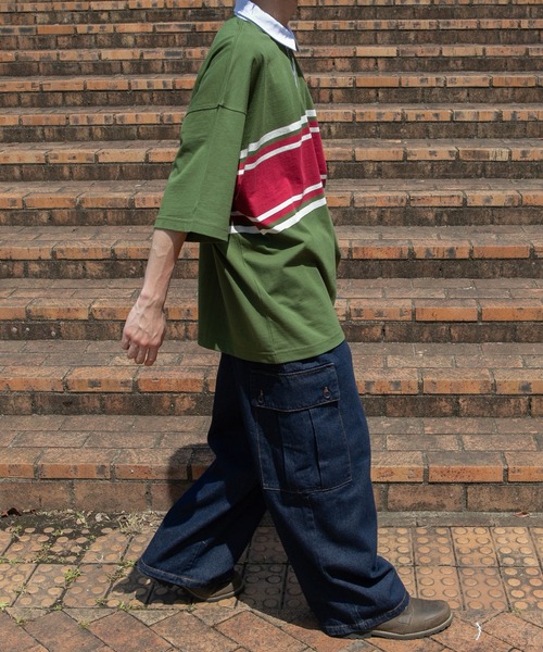 kutir（クティール）の「ボーダーラガービッグシャツ（ポロシャツ・メンズ・ネイビー/ブラック/グリーン・MEDIUM/LARGE）」の5枚目の写真