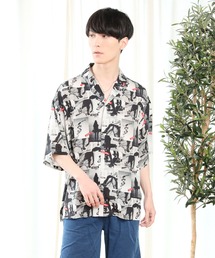 ワイドシルエット 総柄無地 半袖オープンカラーシャツ
