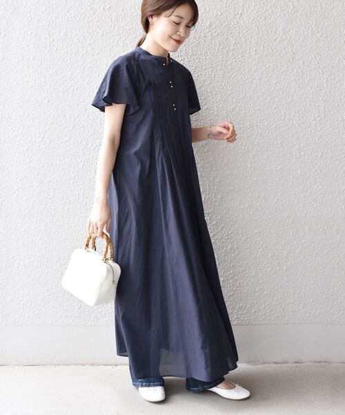 セール For Women 手洗い可能 コットンローンフレアスリーブピンタックワンピース シャツワンピース シャツ