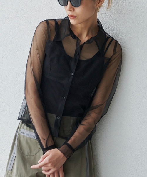 FIG&VIPER（フィグアンドバイパー）の「チュールシアー襟ブラウス（シャツ/ブラウス・レディース・ブラック/ワインレッド・FREE）」の2枚目の写真