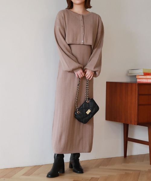 archives（アルシーヴ）の「２ＷＡＹランダムリブカーディガン＋ＩラインワンピースＳＥＴ（ワンピース・レディース・ピンクベージュ/ブラウン/アイボリー/グリーン・MEDIUM）」の4枚目の写真