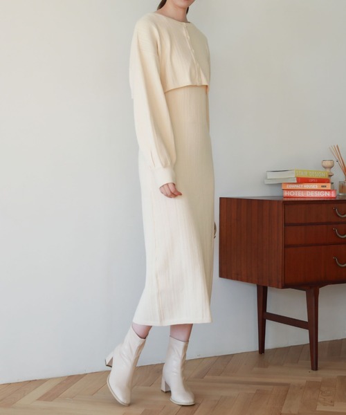 archives（アルシーヴ）の「２ＷＡＹランダムリブカーディガン＋ＩラインワンピースＳＥＴ（ワンピース・レディース・ピンクベージュ/ブラウン/アイボリー/グリーン・MEDIUM）」の6枚目の写真