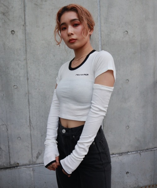 FIG&VIPER（フィグアンドバイパー）の「バックオープンウォーマーT（Tシャツ/カットソー・レディース・ホワイト/ライトブルー/ブラック・FREE）」の7枚目の写真