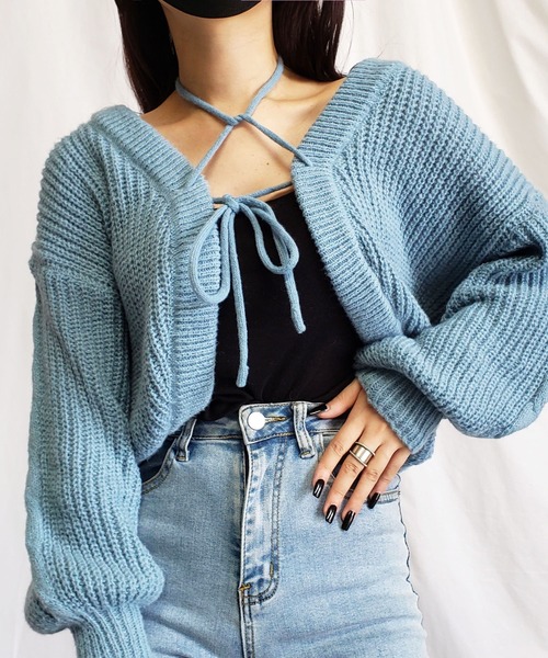 me+em select(ミームセレクト)の「※※【 5color 】クロスストラップダブルリボンショートニットカーディガン / cross strap double ribbon short knit cardigan(カーディガン/ボレロ・レディース・ブルー/アイボリー/ブラック/グレー/グリーン・FREE)」の9枚目の写真