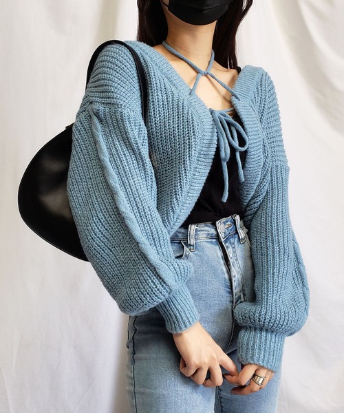 me+em select(ミームセレクト)の「※※【 5color 】クロスストラップダブルリボンショートニットカーディガン / cross strap double ribbon short knit cardigan(カーディガン/ボレロ・レディース・ブルー/アイボリー/ブラック/グレー/グリーン・FREE)」の10枚目の写真