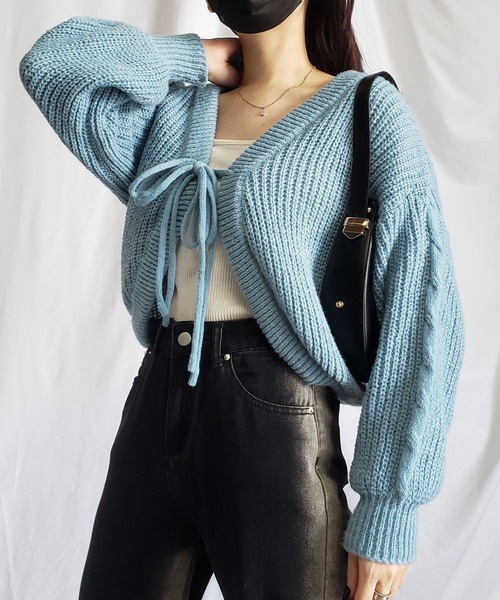me+em select(ミームセレクト)の「※※【 5color 】クロスストラップダブルリボンショートニットカーディガン / cross strap double ribbon short knit cardigan(カーディガン/ボレロ・レディース・ブルー/アイボリー/ブラック/グレー/グリーン・FREE)」の13枚目の写真