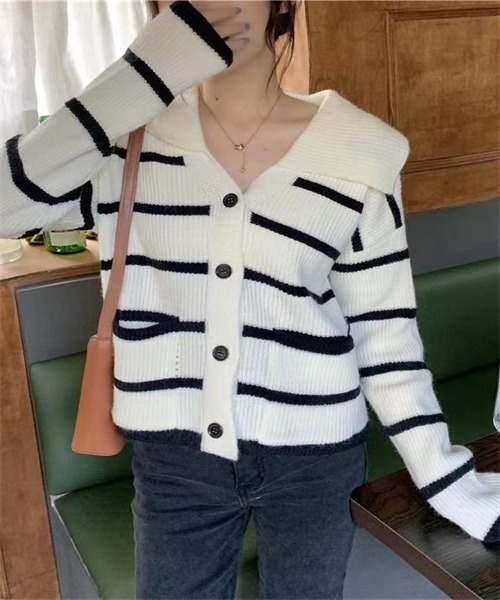 FREE STYLISTS(フリー スタイリスト)の「襟付きボーダー柄ニットカーディガン(カーディガン/ボレロ・レディース・オフホワイト/ブラック・FREE)」の7枚目の写真