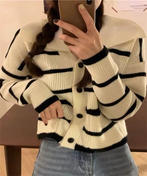 FREE STYLISTS(フリー スタイリスト)の「襟付きボーダー柄ニットカーディガン(カーディガン/ボレロ・レディース・オフホワイト/ブラック・FREE)」の11枚目の写真