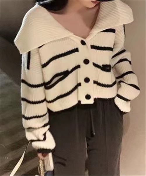FREE STYLISTS(フリー スタイリスト)の「襟付きボーダー柄ニットカーディガン(カーディガン/ボレロ・レディース・オフホワイト/ブラック・FREE)」の13枚目の写真