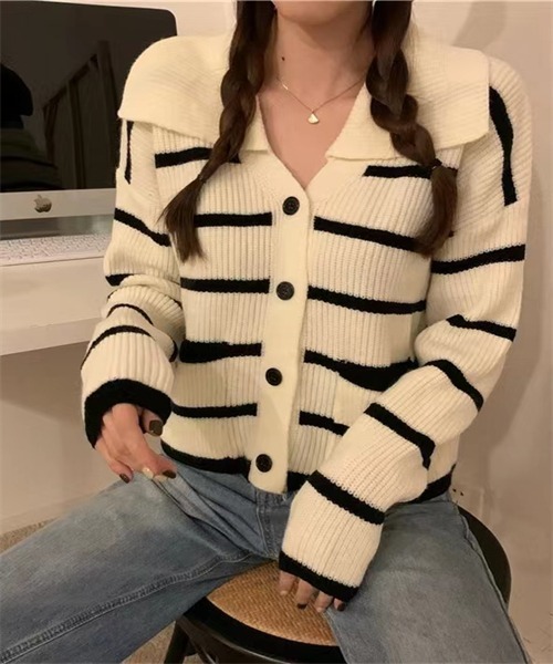 FREE STYLISTS(フリー スタイリスト)の「襟付きボーダー柄ニットカーディガン(カーディガン/ボレロ・レディース・オフホワイト/ブラック・FREE)」の15枚目の写真