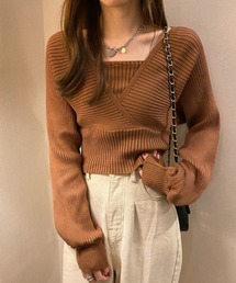 バックリボン ボリュームスリーブ リブニット