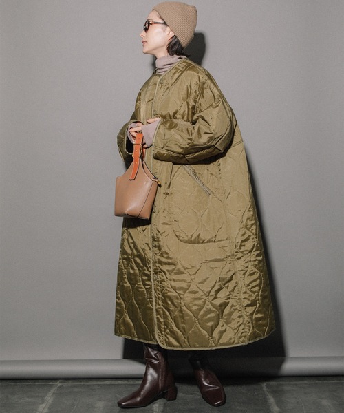 miniyu(ミニュウ)の「リップストップ ライナーキルトLコート(その他アウター・レディース・カーキ/ベージュ/ブラック・MEDIUM)」の1枚目の写真