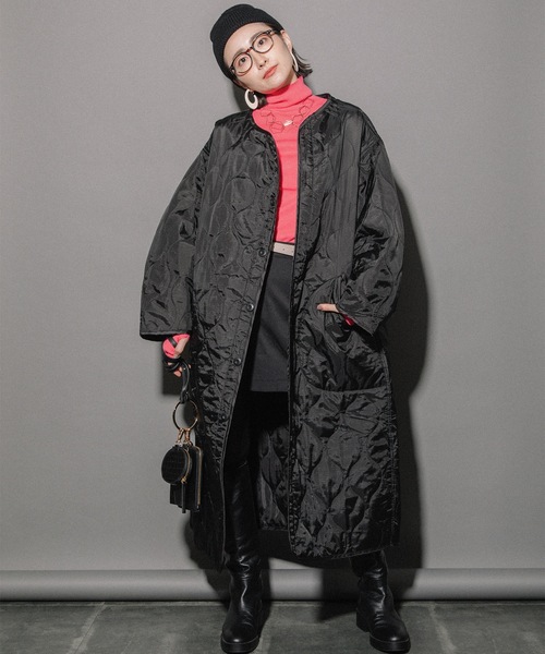 miniyu(ミニュウ)の「リップストップ ライナーキルトLコート(その他アウター・レディース・カーキ/ベージュ/ブラック・MEDIUM)」の2枚目の写真