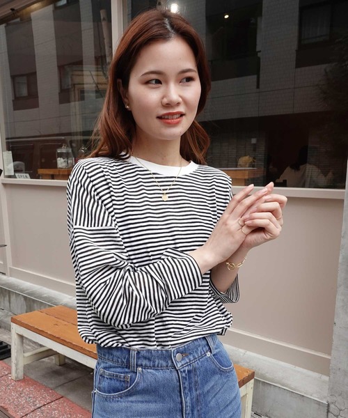 CORNERS(コーナーズ)の「シアーボーダープルオーバー(Tシャツ/カットソー・レディース・ブラック/ライトグリーン/サックスブルー・M)」の2枚目の写真