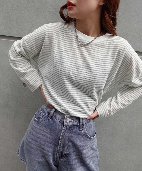 CORNERS(コーナーズ)の「シアーボーダープルオーバー(Tシャツ/カットソー・レディース・ブラック/ライトグリーン/サックスブルー・M)」の8枚目の写真