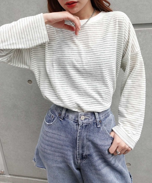 CORNERS(コーナーズ)の「シアーボーダープルオーバー(Tシャツ/カットソー・レディース・ブラック/ライトグリーン/サックスブルー・M)」の4枚目の写真