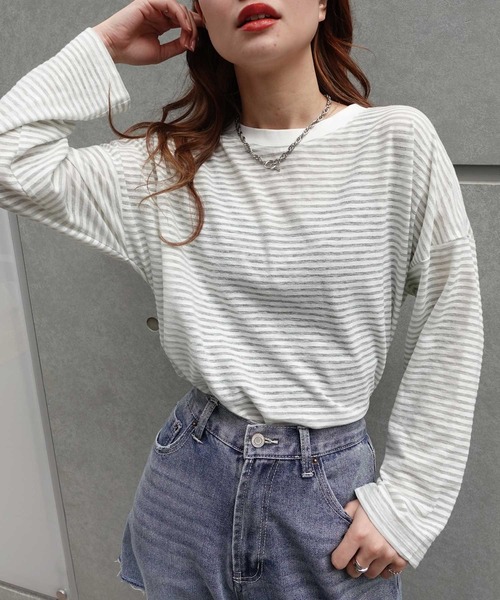 CORNERS(コーナーズ)の「シアーボーダープルオーバー(Tシャツ/カットソー・レディース・ブラック/ライトグリーン/サックスブルー・M)」の6枚目の写真