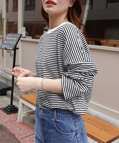 CORNERS(コーナーズ)の「シアーボーダープルオーバー(Tシャツ/カットソー・レディース・ブラック/ライトグリーン/サックスブルー・M)」の11枚目の写真