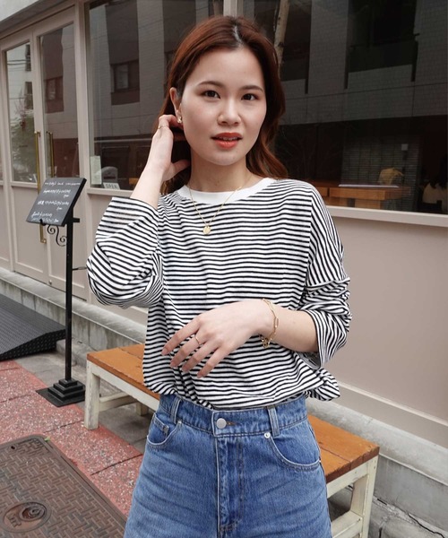 CORNERS(コーナーズ)の「シアーボーダープルオーバー(Tシャツ/カットソー・レディース・ブラック/ライトグリーン/サックスブルー・M)」の9枚目の写真