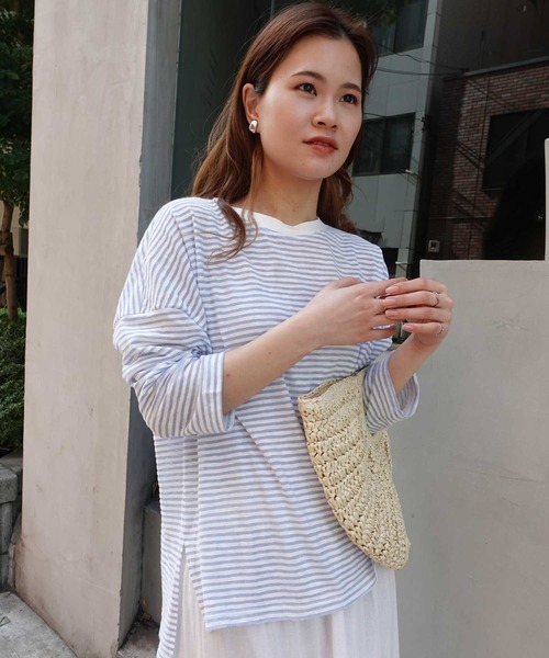 CORNERS(コーナーズ)の「シアーボーダープルオーバー(Tシャツ/カットソー・レディース・ブラック/ライトグリーン/サックスブルー・M)」の12枚目の写真