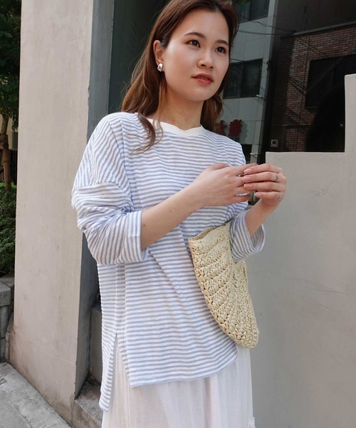 CORNERS(コーナーズ)の「シアーボーダープルオーバー(Tシャツ/カットソー・レディース・ブラック/ライトグリーン/サックスブルー・M)」の13枚目の写真