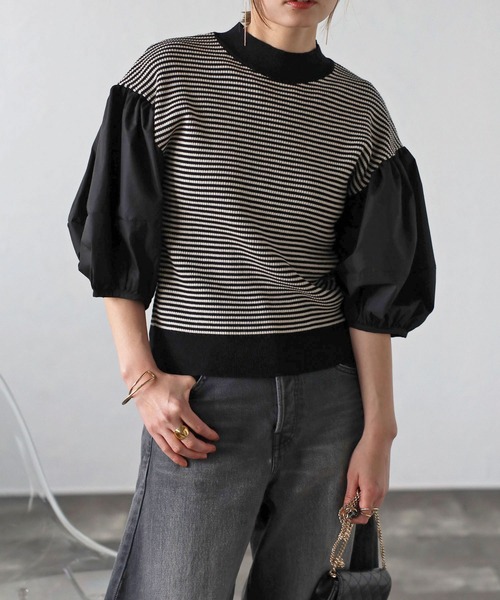 Bonjour Sagan（ボンジュールサガン）の「異素材パフスリーブニットトップス（Tシャツ/カットソー・レディース・ブラック/ホワイト/ブラック×ホワイト・FREE）」の3枚目の写真