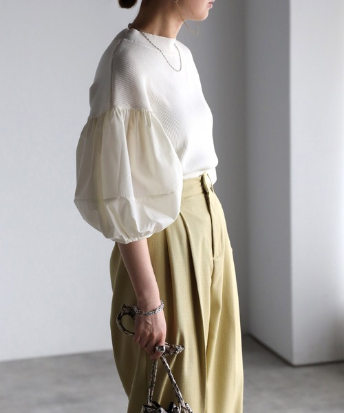 Bonjour Sagan（ボンジュールサガン）の「異素材パフスリーブニットトップス（Tシャツ/カットソー・レディース・ブラック/ホワイト/ブラック×ホワイト・FREE）」の12枚目の写真